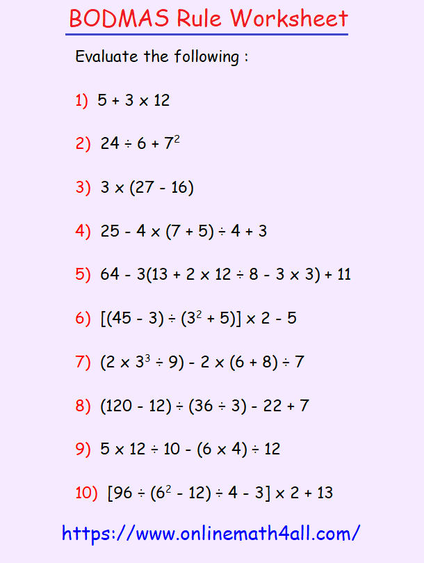 bodmas grade 5 worksheet with answers