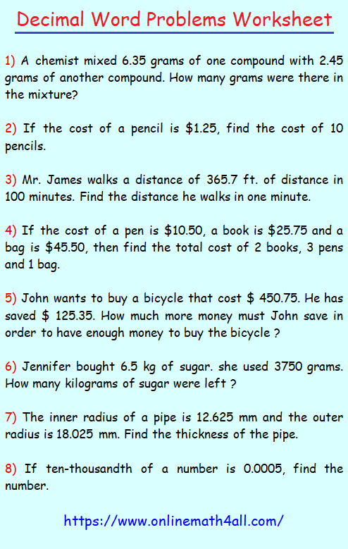 worksheet-on-decimal-word-problems